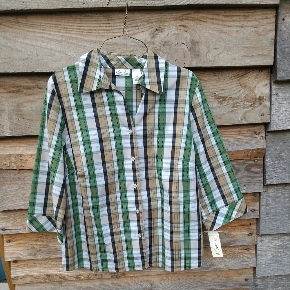 SOLD Kim Rogers Woman's Plaid Top Button Front Wrinkle Resists 3/4 Sleeves NWT. - Picture 1 of 12